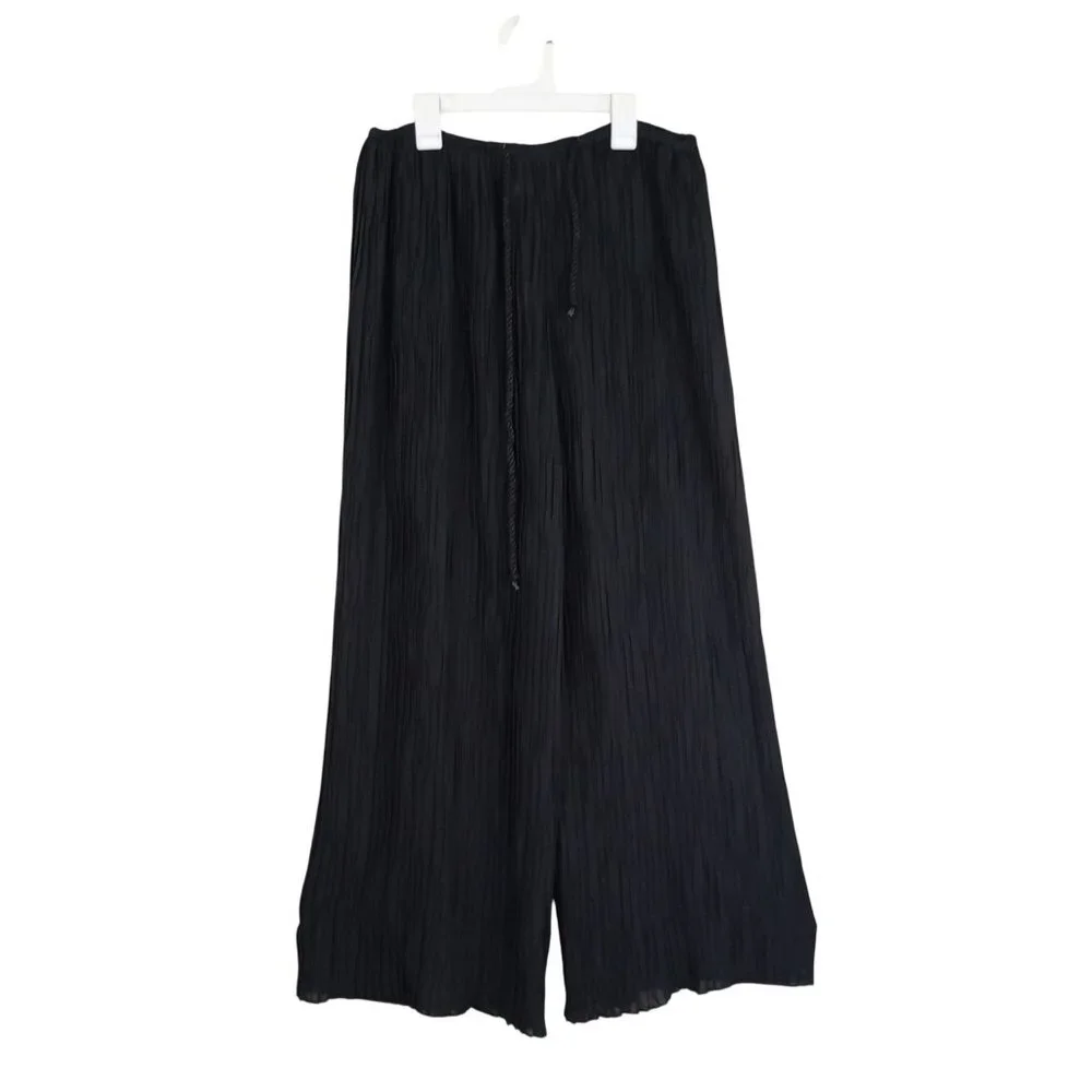 C'est Duo By Casablanca Black Crinkle Wide-Leg Pants With Drawstring Waist Sz S - Picture 1 of 13